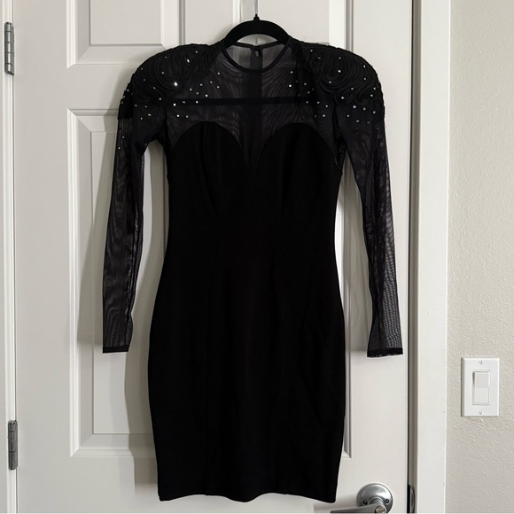 Tadashi Shoji Dresses & Skirts - Vintage Tadashi Black Sheer Mesh Sleeves Beaded Shoulder Bodycon Dress Size XS–S